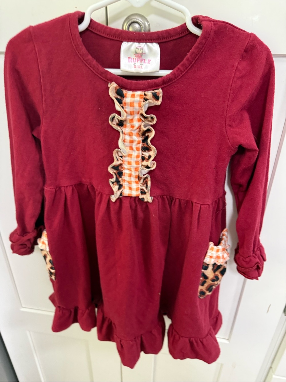 Ruffle & Vine Girls' Burgundy Long-Sleeve Dress with Gingham and Leopard Trim